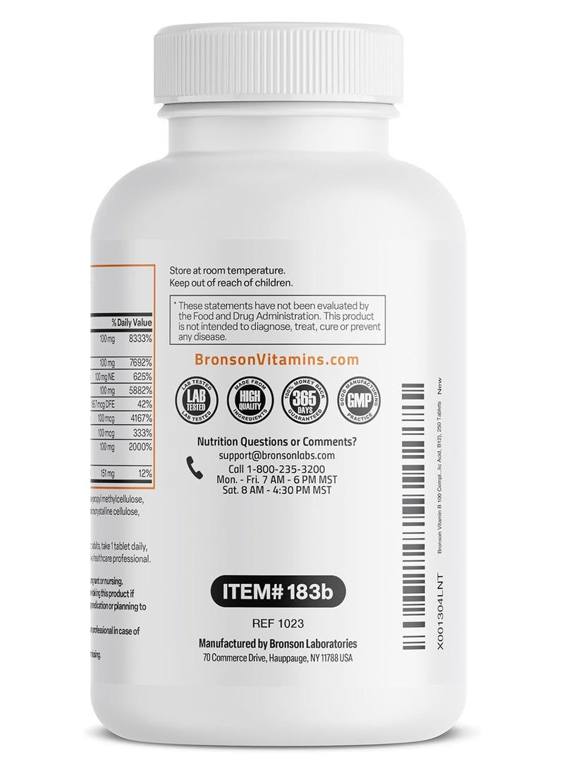 Vitamin B 100 Complex High Potency Sustained Release Vitamin B1 B2 B3 B6 B9 Folic Acid B12 250 Tablets