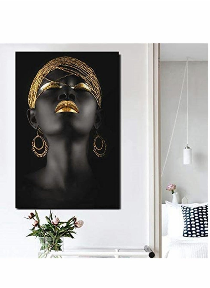 Wall Painting, African Women Art Wall Decor Canvas Wall Art Original Designed Pop Gold earrings necklace Black Pretty Girl Style Painting on Canvas Poster Print without Frame ( 50 x 70 cm )