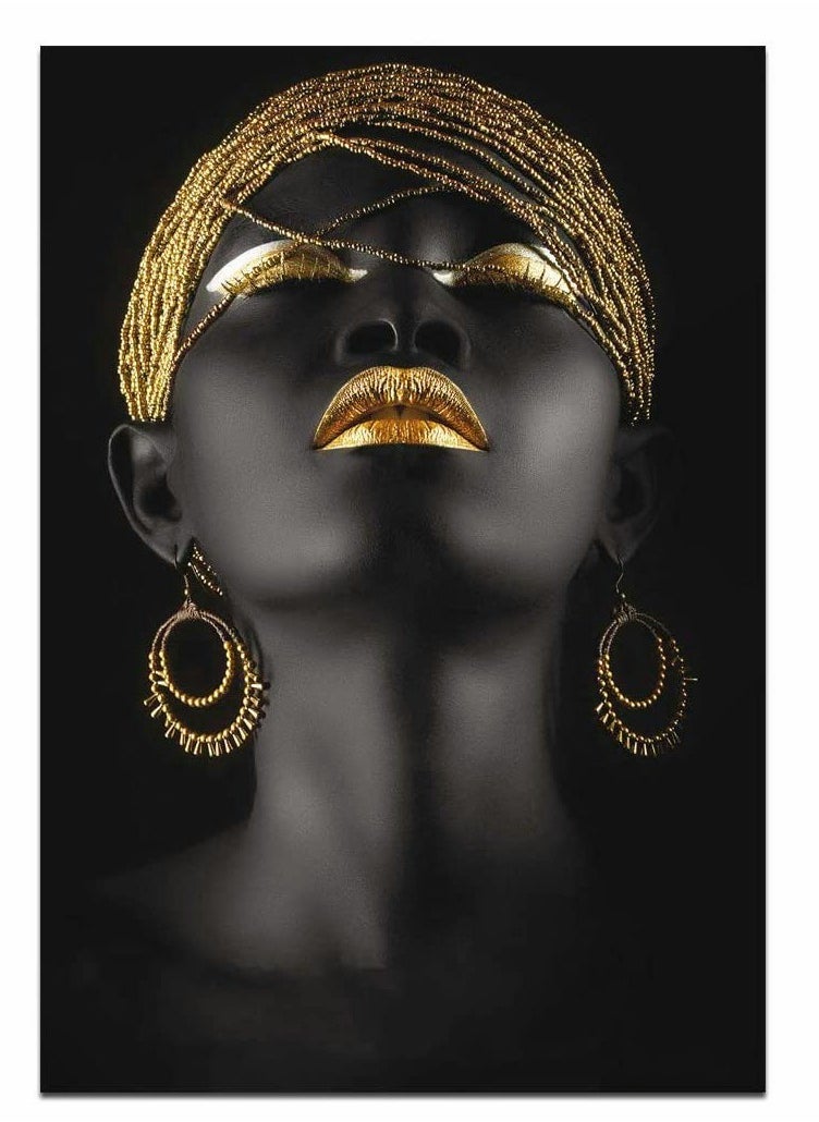 Wall Painting, African Women Art Wall Decor Canvas Wall Art Original Designed Pop Gold earrings necklace Black Pretty Girl Style Painting on Canvas Poster Print without Frame ( 50 x 70 cm )