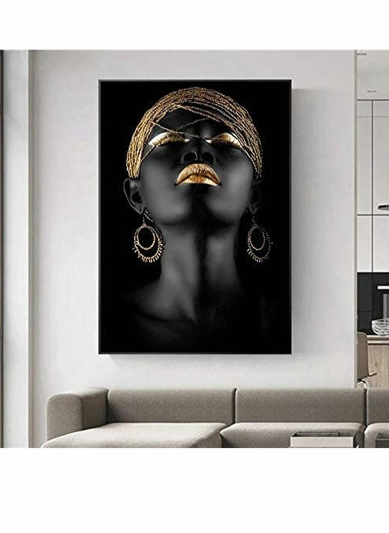 Wall Painting, African Women Art Wall Decor Canvas Wall Art Original Designed Pop Gold earrings necklace Black Pretty Girl Style Painting on Canvas Poster Print without Frame ( 50 x 70 cm )
