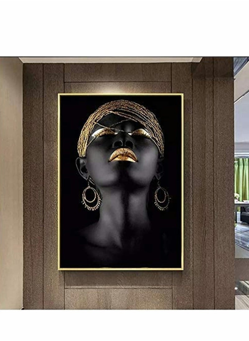 Wall Painting, African Women Art Wall Decor Canvas Wall Art Original Designed Pop Gold earrings necklace Black Pretty Girl Style Painting on Canvas Poster Print without Frame ( 50 x 70 cm )