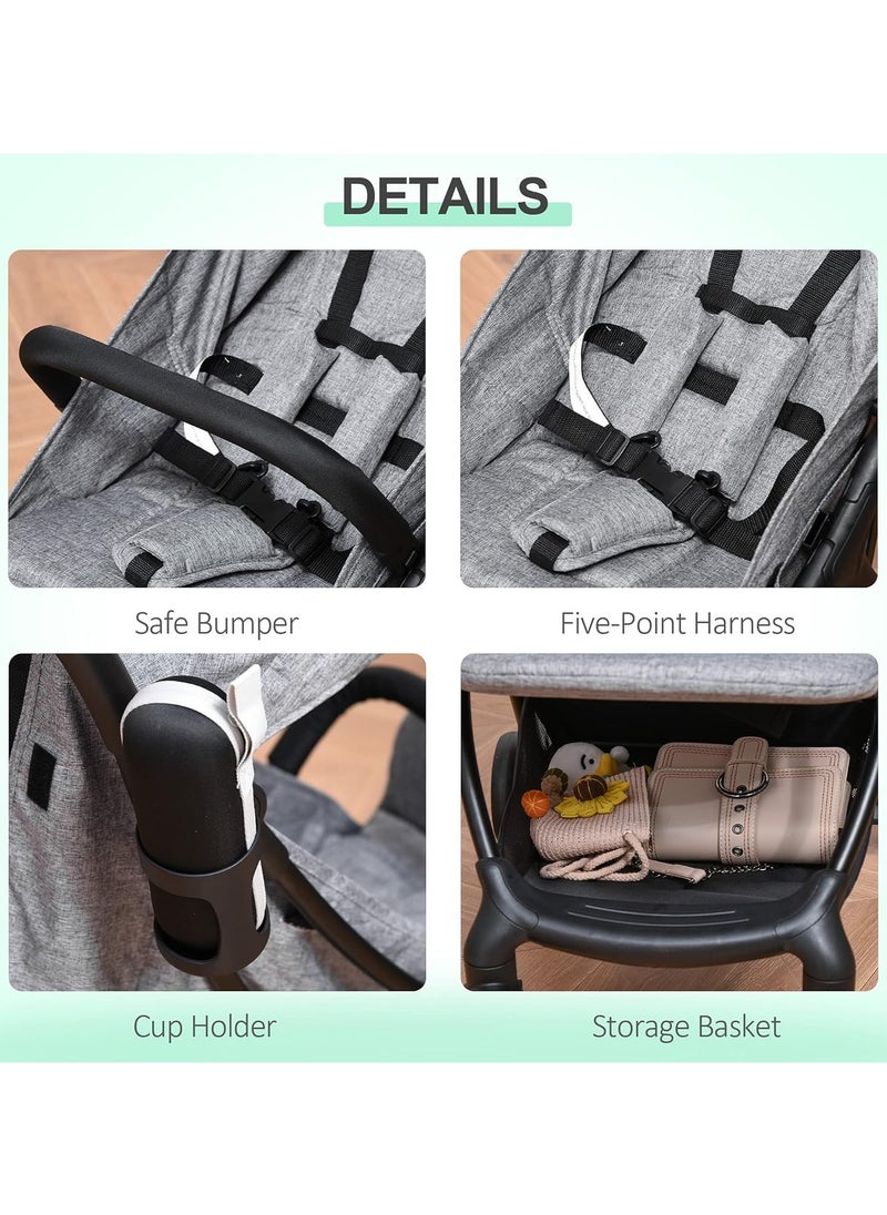 Baby Stroller One-Click Foldable Travel Pushchair with Five-Point Harness Lightweight Compact