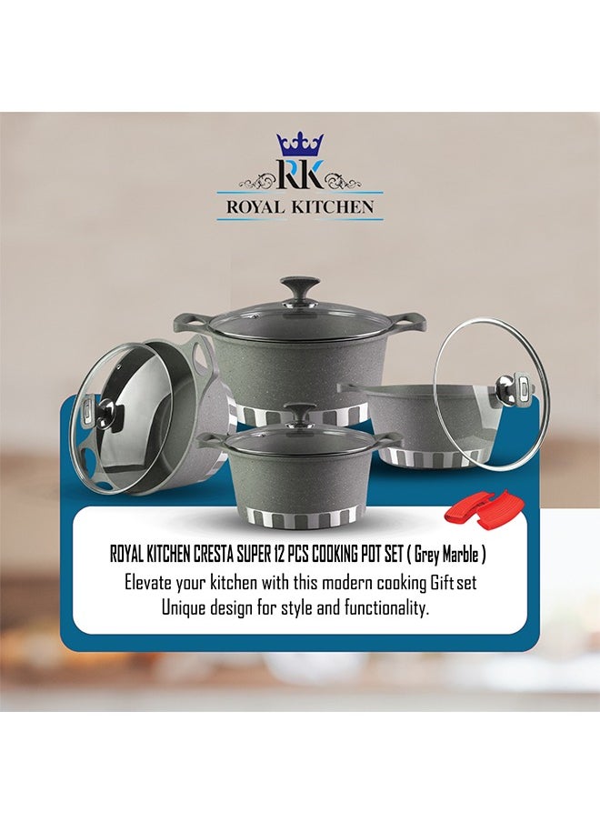 ROYAL KITCHEN Cresta Super Non Stick Diecast Casseroles Set – 12 Pcs (Sizes 20 to 32 cm) with Glass Lids & Spoons, Marble Coated Grey, High-Quality Aluminium, Food Grade, Dishwasher Safe, Bio Plus System, Cold Handle, Korean Technology