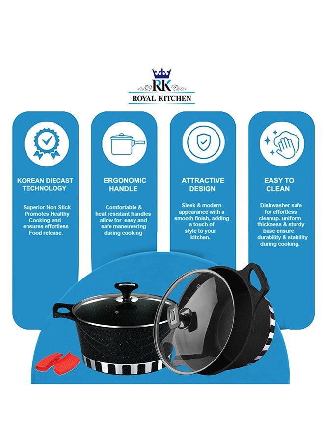 ROYAL KITCHEN Cresta Super Non Stick Diecast Casseroles Set – 12 Pcs (Sizes 20 to 32 cm) with Glass Lids & Spoons, Marble Coated Black, High-Quality Aluminium, Food Grade, Dishwasher Safe, Bio Plus System, Cold Handle, Korean Technology