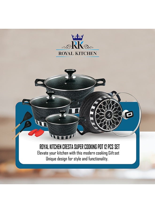 ROYAL KITCHEN Cresta Super Non Stick Diecast Casseroles Set – 12 Pcs (Sizes 20 to 32 cm) with Glass Lids & Spoons, Marble Coated Black, High-Quality Aluminium, Food Grade, Dishwasher Safe, Bio Plus System, Cold Handle, Korean Technology