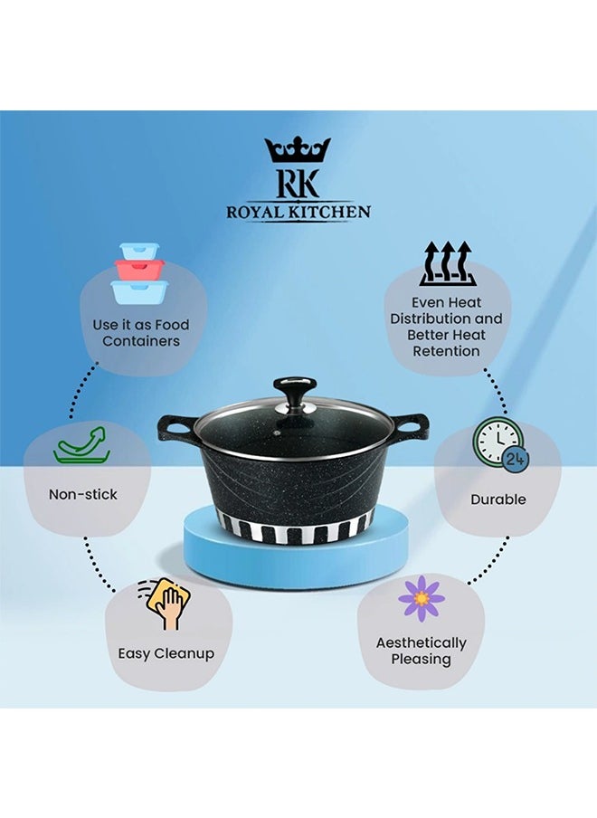 ROYAL KITCHEN Cresta Super Non Stick Diecast Casseroles Set – 12 Pcs (Sizes 20 to 32 cm) with Glass Lids & Spoons, Marble Coated Black, High-Quality Aluminium, Food Grade, Dishwasher Safe, Bio Plus System, Cold Handle, Korean Technology