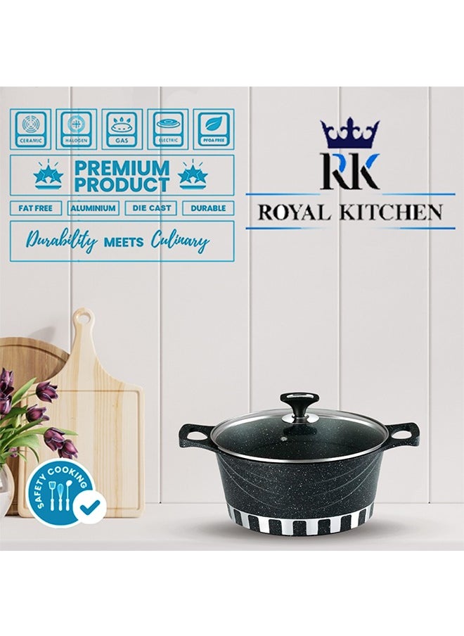 ROYAL KITCHEN Cresta Super Non Stick Diecast Casseroles Set – 12 Pcs (Sizes 20 to 32 cm) with Glass Lids & Spoons, Marble Coated Black, High-Quality Aluminium, Food Grade, Dishwasher Safe, Bio Plus System, Cold Handle, Korean Technology