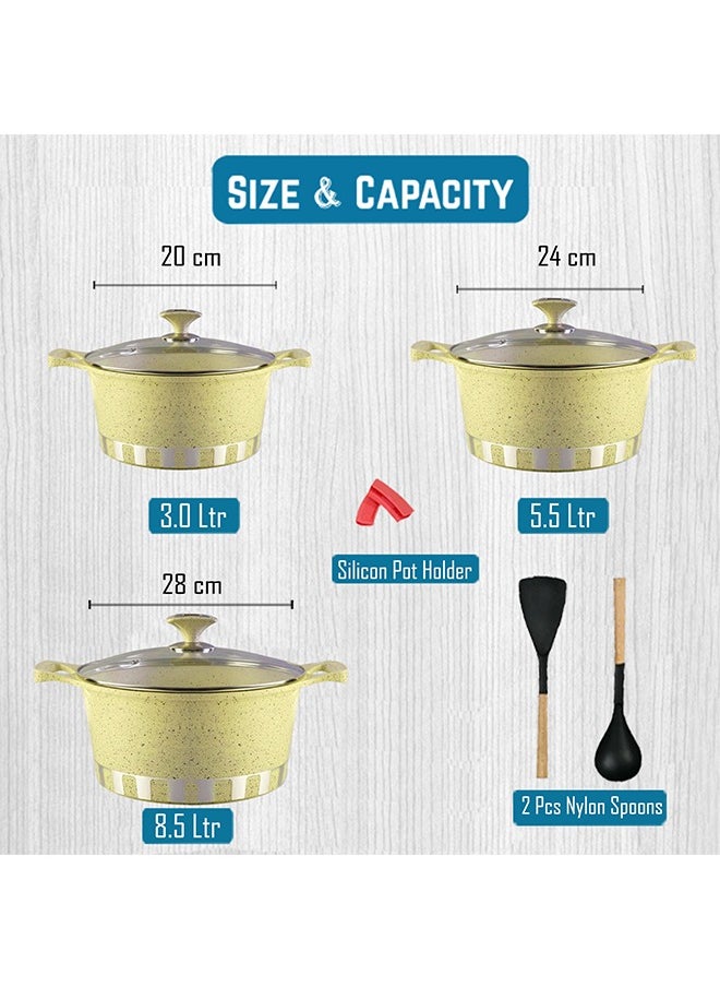 ROYAL KITCHEN Cresta Classic Non Stick Diecast Casserole Set – 10 Pcs with Glass Lids & Nylon Spoons, Sizes 20, 24, 28 cm, High-Quality Aluminium, Marble Coated Creamy White Beige, Food Grade, Stylish Design, Durable and Easy to Clean