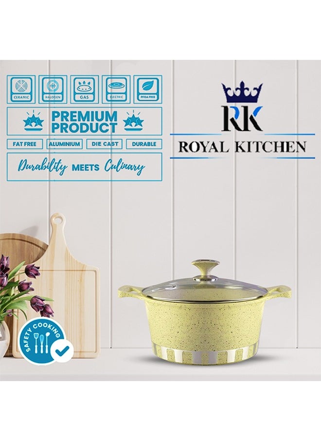 ROYAL KITCHEN Cresta Classic Non Stick Diecast Casserole Set – 10 Pcs with Glass Lids & Nylon Spoons, Sizes 20, 24, 28 cm, High-Quality Aluminium, Marble Coated Creamy White Beige, Food Grade, Stylish Design, Durable and Easy to Clean