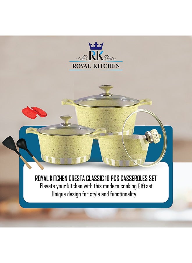 ROYAL KITCHEN Cresta Classic Non Stick Diecast Casserole Set – 10 Pcs with Glass Lids & Nylon Spoons, Sizes 20, 24, 28 cm, High-Quality Aluminium, Marble Coated Creamy White Beige, Food Grade, Stylish Design, Durable and Easy to Clean