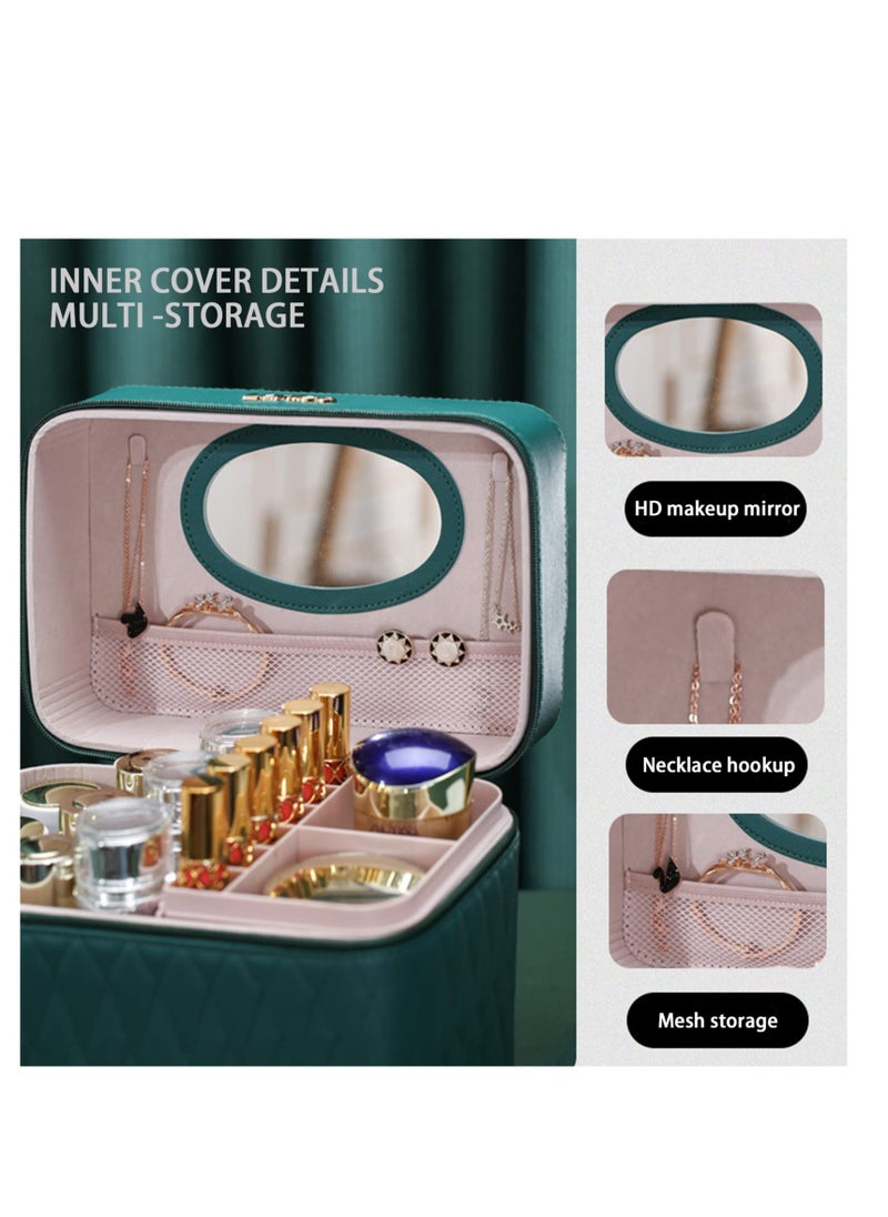 Traveling Cosmetic Bag With Mirror, Portable Makeup Travel Bag, Lady'S Makeup Box Beauty Box, Multi-Function Cosmetic Storage Box, Dividers Cosmetics Organizer for Women (Green)