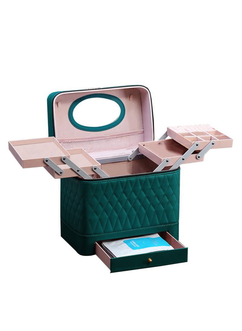 Traveling Cosmetic Bag With Mirror, Portable Makeup Travel Bag, Lady'S Makeup Box Beauty Box, Multi-Function Cosmetic Storage Box, Dividers Cosmetics Organizer for Women (Green)