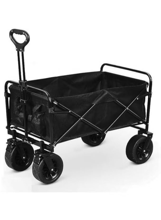 AWALOR  Heavy Duty Shopping Trolley Folding Multi-Functional Portable Utility Wagon Beach Trolley with Storage Basket Outdoor Camping Garden Cart with Adjustable Handle (ALL TERRAIN WIDE WHEELS - BLACK)