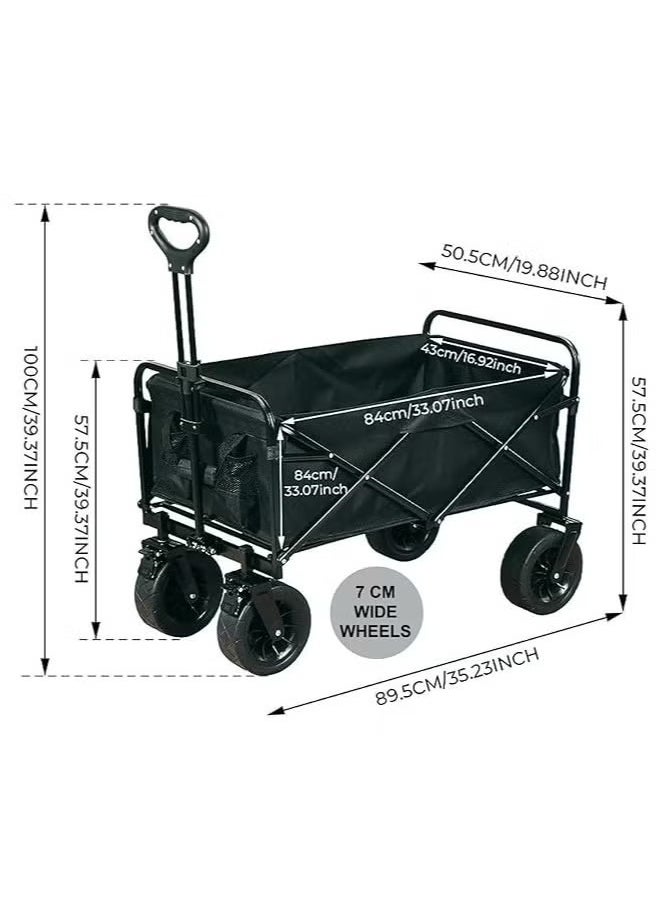 AWALOR  Heavy Duty Shopping Trolley Folding Multi-Functional Portable Utility Wagon Beach Trolley with Storage Basket Outdoor Camping Garden Cart with Adjustable Handle (ALL TERRAIN WIDE WHEELS - BLACK)