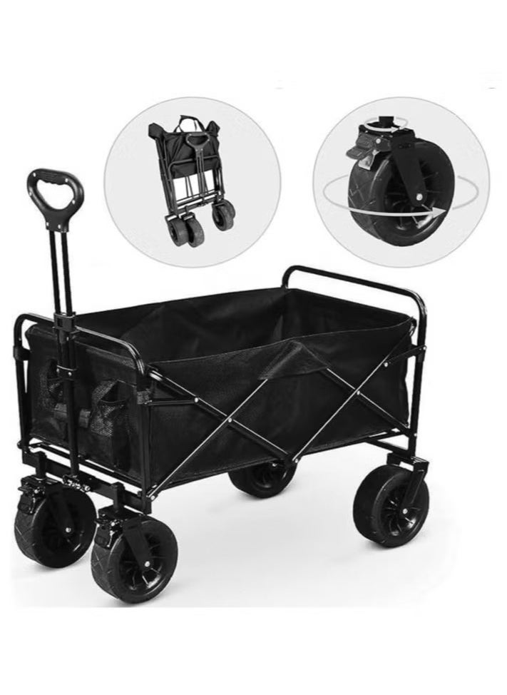 AWALOR  Heavy Duty Shopping Trolley Folding Multi-Functional Portable Utility Wagon Beach Trolley with Storage Basket Outdoor Camping Garden Cart with Adjustable Handle (ALL TERRAIN WIDE WHEELS - BLACK)