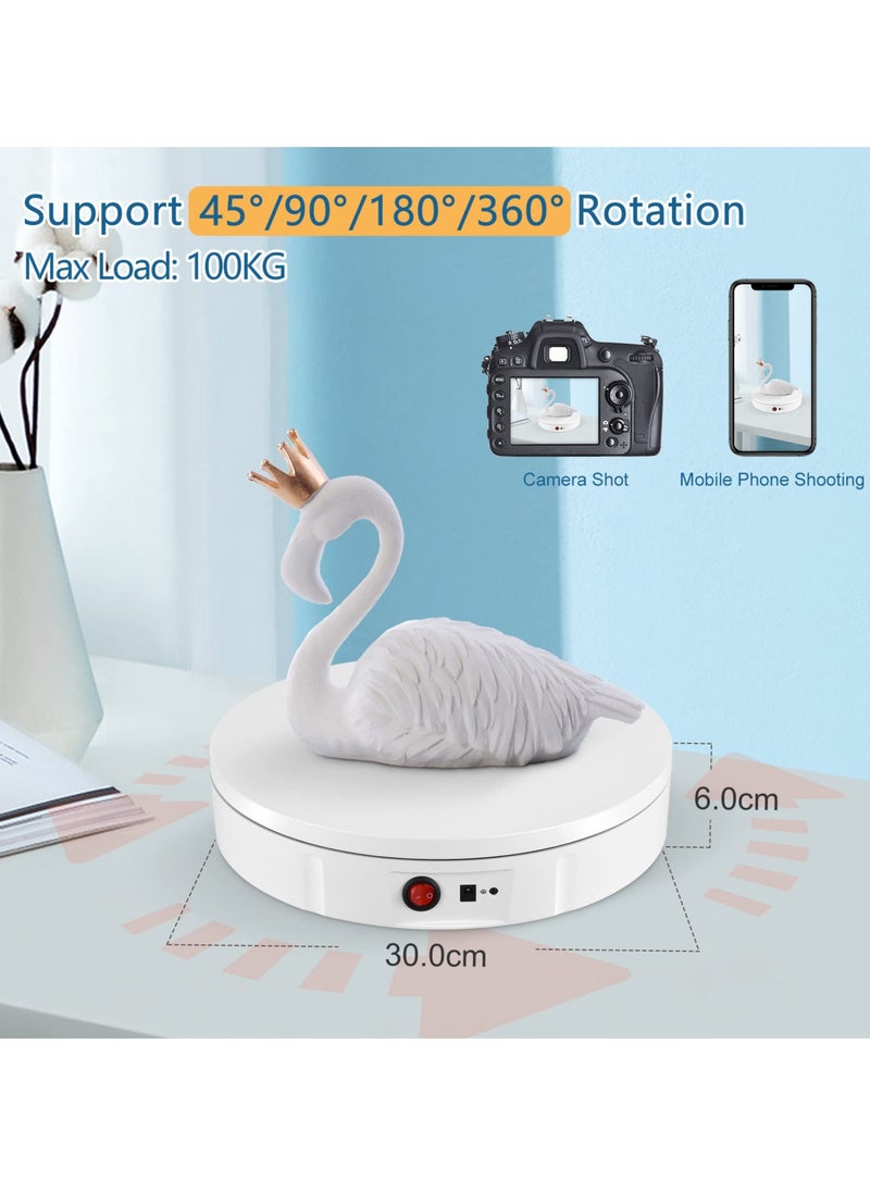 Rotating Display Stand 30cm Chargable Motorized Display Turntable 100KG Load Ultra-Quiet 360° Electric Rotating Platform Speed Angle and Direction Adjustable for Display Jewelry and Model (White)