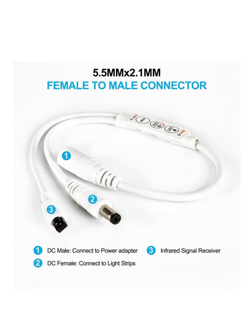 LED Controller, DC Connector LED Dimmer Controller with 11 Keys Wireless Remote Control, Compatible with DC5V-24V Single Color LED Strip Lights, IR LED Controller, White