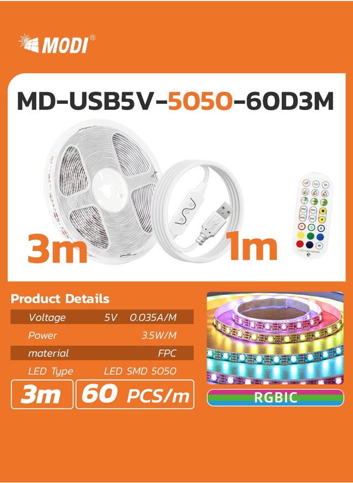 3M RGBIC Multi Color LED Strip Light, USB Connectivity, Remote Control, 20+ Lighting Modes, Music Sync Modes, Timer Settings, For Gaming Setup, Entertainment, PC, TV, Room Decor