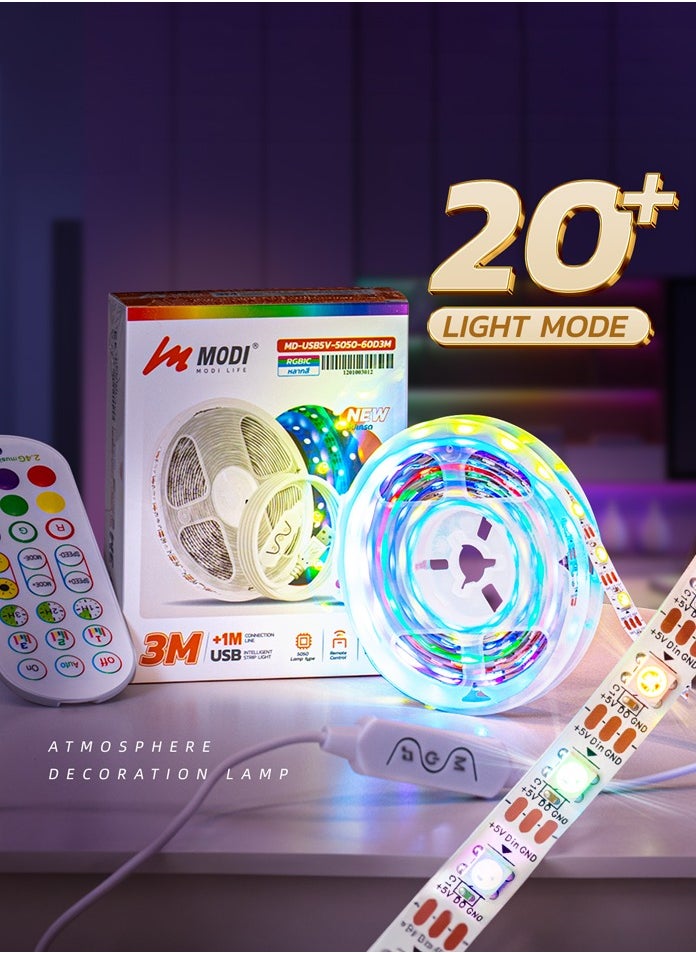 3M RGBIC Multi Color LED Strip Light, USB Connectivity, Remote Control, 20+ Lighting Modes, Music Sync Modes, Timer Settings, For Gaming Setup, Entertainment, PC, TV, Room Decor