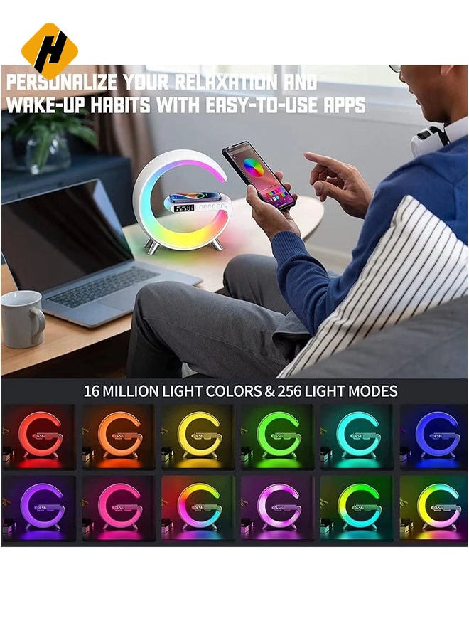 Wireless Charger Atmosphere Lamp, RGB Color Changing Mood Light with Time Display, 256 Modes and 16 Million Light Colors, Bluetooth Speaker Desk Lamp with Alarm Clock, Ideal Choice for Friends