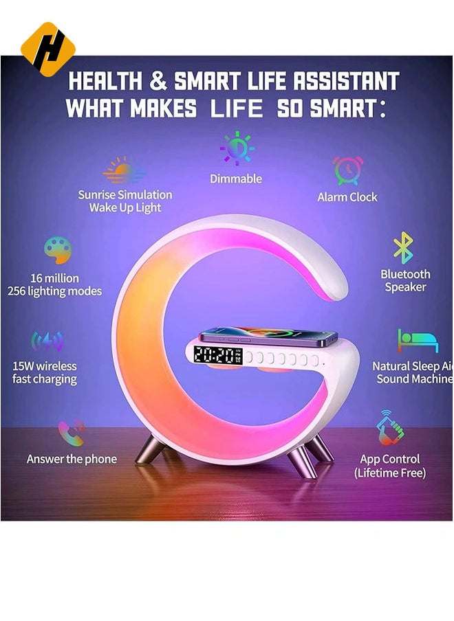 Wireless Charger Atmosphere Lamp, RGB Color Changing Mood Light with Time Display, 256 Modes and 16 Million Light Colors, Bluetooth Speaker Desk Lamp with Alarm Clock, Ideal Choice for Friends