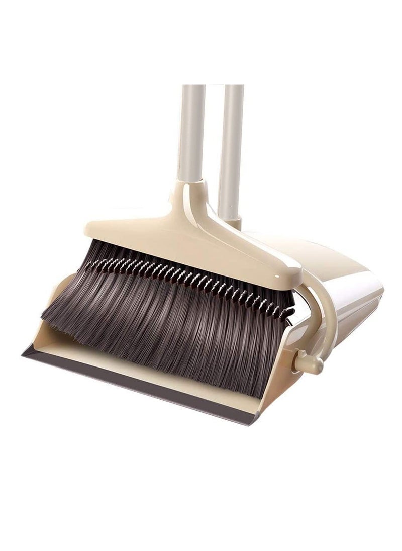 Broom and Dustpan Set with Long Telescoping Handle Combo Set for Office and Home Standing Upright Sweep Use, Beige