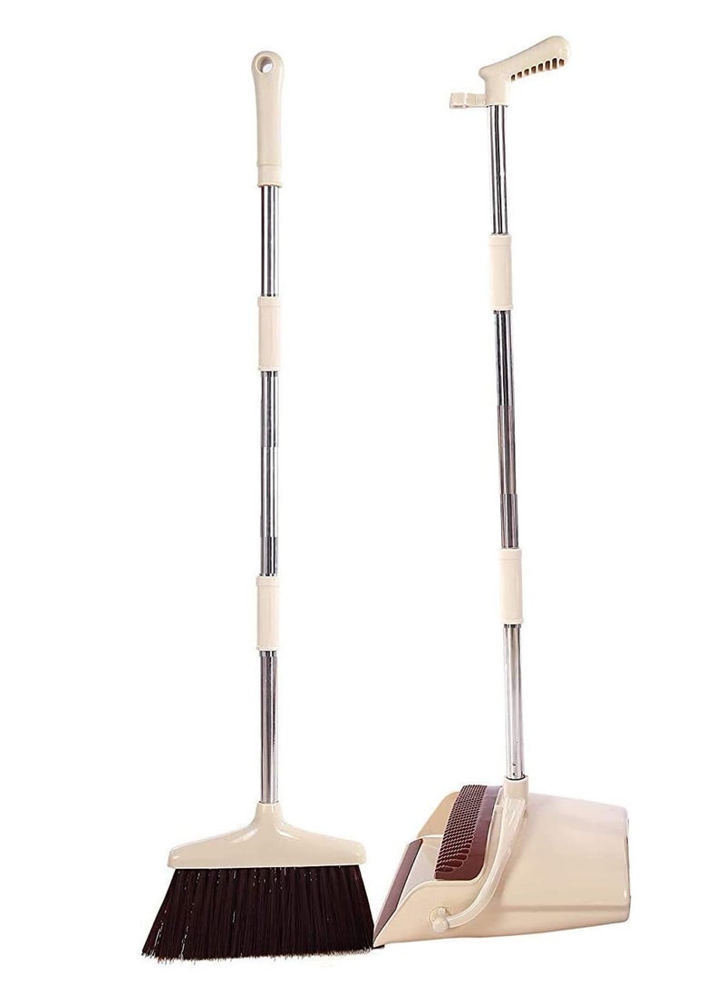 Broom and Dustpan Set with Long Telescoping Handle Combo Set for Office and Home Standing Upright Sweep Use, Beige