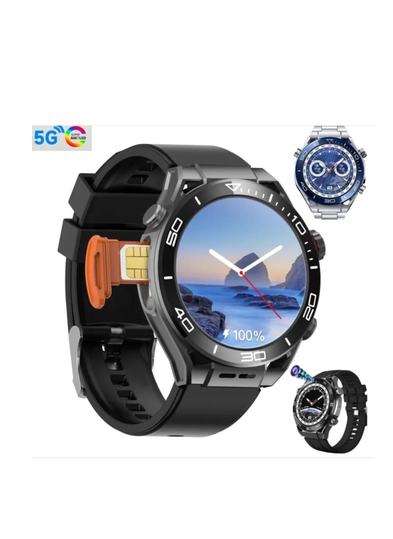 5G Round Model N60 Android Smart watch With Dual Camera, Android OS Pre installed apps, AMOLED Display screen | Sports and fitness Tracker 6Gb Ram 64Gb Rom With SIm Slot (3 strap) - Silver