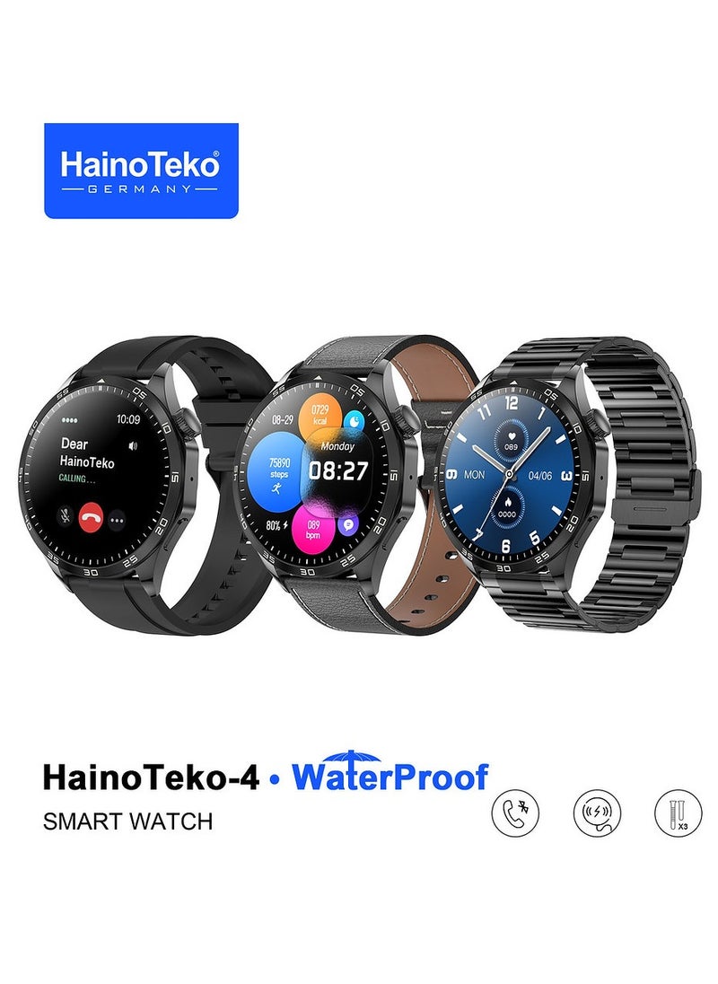 HainoTeko-4 GT4 Waterproof Smartwatch with Round Shape AMOLED Display AI Voice Assistance 3 Pair Straps and Wireless Charger Designed for Men Black