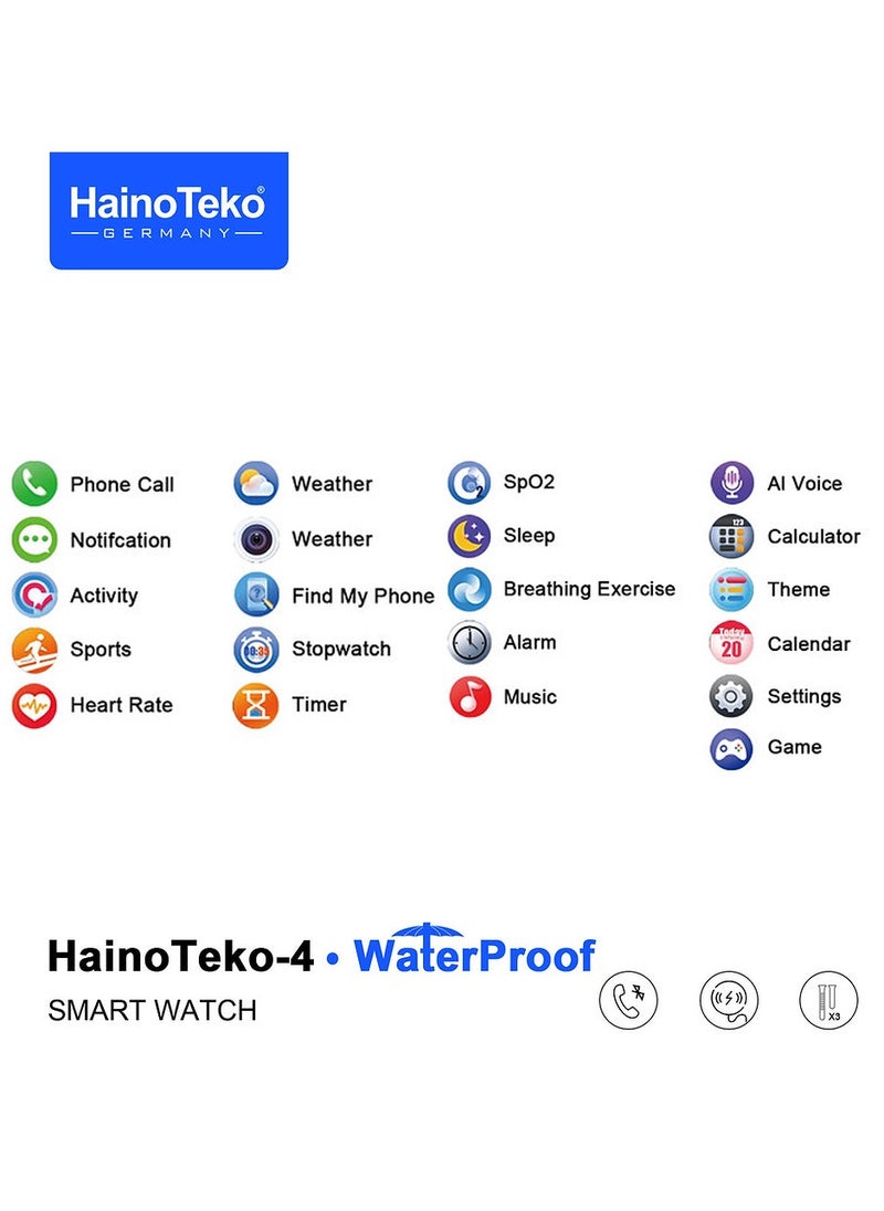 HainoTeko-4 GT4 Waterproof Smartwatch with Round Shape AMOLED Display AI Voice Assistance 3 Pair Straps and Wireless Charger Designed for Men Black