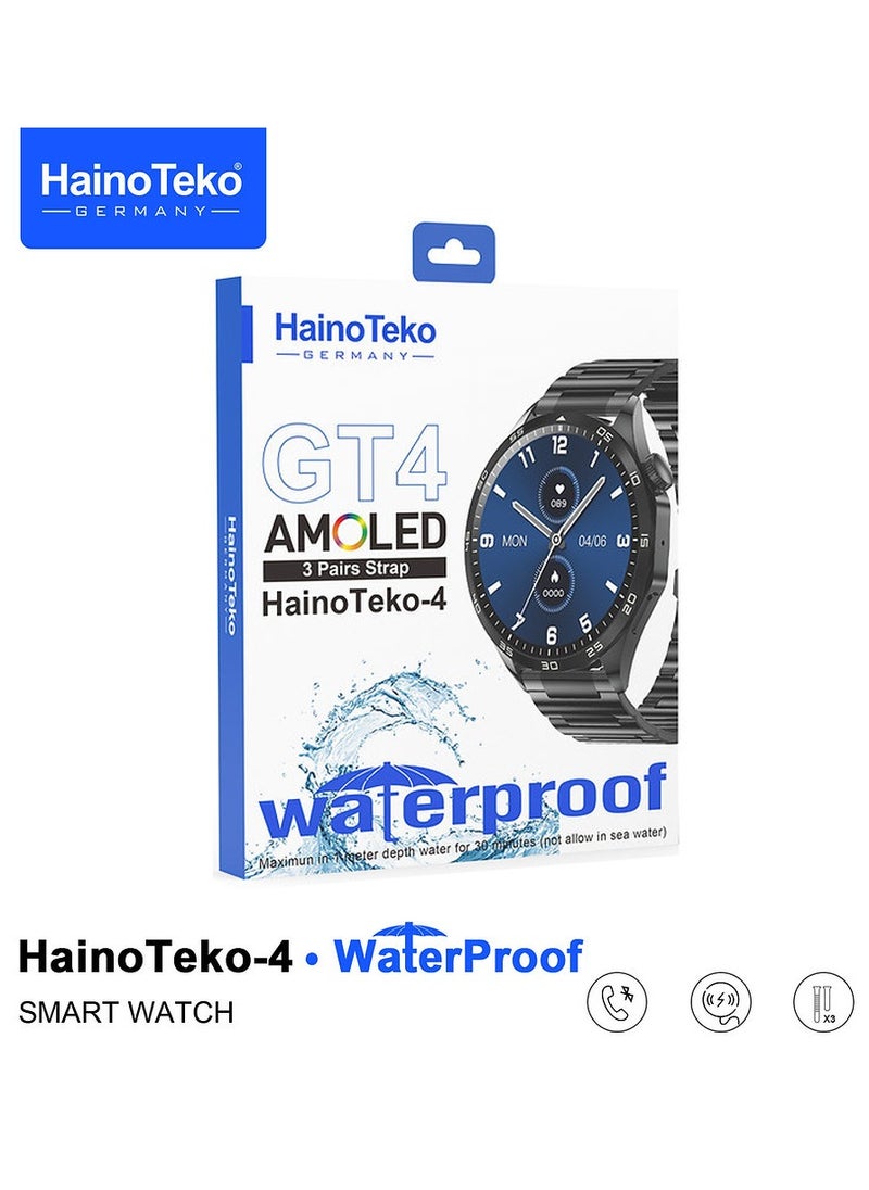 HainoTeko-4 GT4 Waterproof Smartwatch with Round Shape AMOLED Display AI Voice Assistance 3 Pair Straps and Wireless Charger Designed for Men Black