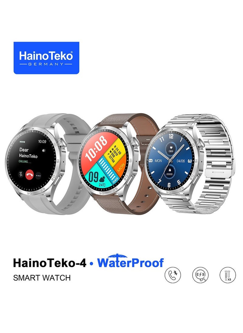 HainoTeko-4 GT4 Waterproof Smartwatch with Large Screen Round Shape AMOLED Display AI Voice Assistance 3 Interchangeable Straps and Charging Cable Designed for Men Silver