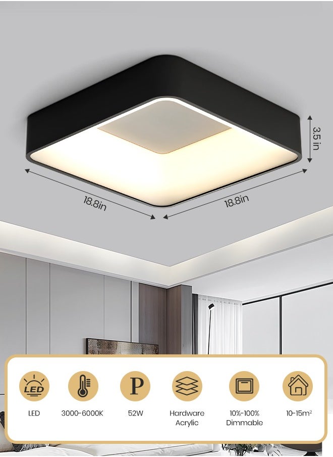 Modern LED Ceiling Light, Dimmable Flush Ceiling Light with Remote Control 3000-6000K Soft Light, 18.8” Black LED Light for Bedroom, Living Room, Library, Corridor,64W