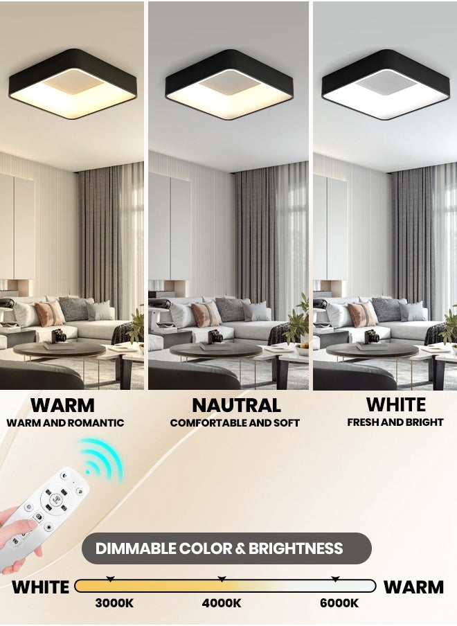 Modern LED Ceiling Light, Dimmable Flush Ceiling Light with Remote Control 3000-6000K Soft Light, 18.8” Black LED Light for Bedroom, Living Room, Library, Corridor,64W