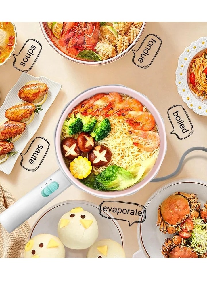 Electric Hot Pot with Steamer, 1.5L Non-Stick Ramen Cooker and Sauté Pan for Steak, Egg, Fried Rice, Soup, Portable Personal Cooker Perfect for Dorm and Apartment