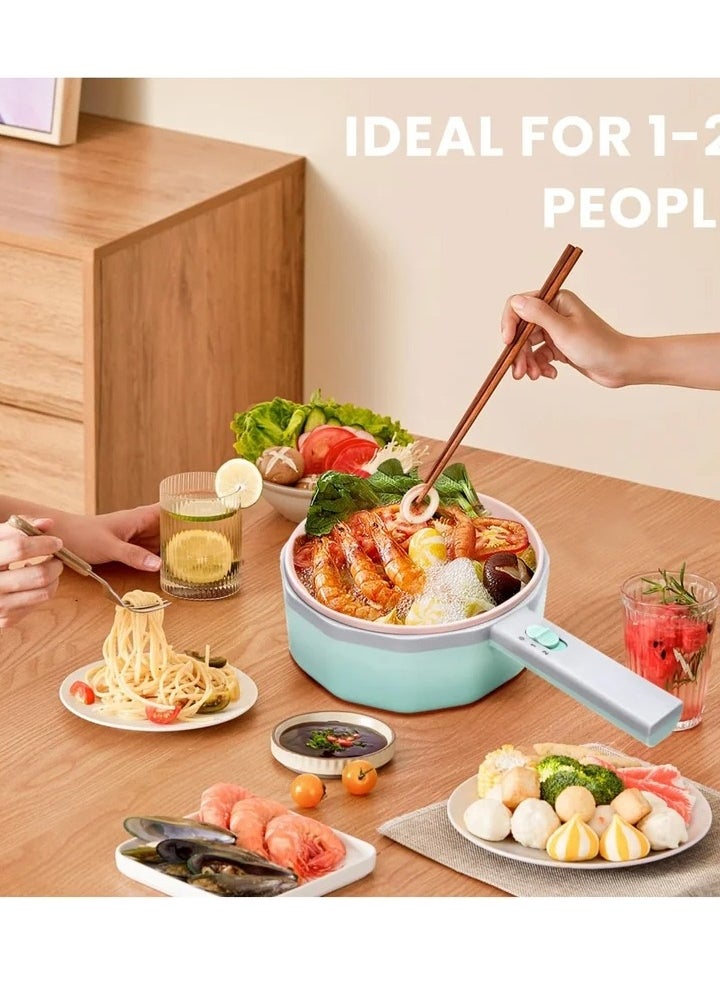 Electric Hot Pot with Steamer, 1.5L Non-Stick Ramen Cooker and Sauté Pan for Steak, Egg, Fried Rice, Soup, Portable Personal Cooker Perfect for Dorm and Apartment