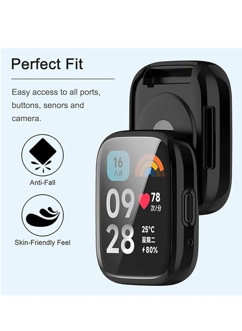 Screen Protector, Compatible for Xiaomi Redmi Watch 3, Watch 3 Active, Full Coverage Plated Watch Protective Cover Case with Tempered Glass Bumper Shell Cover, 2 Pcs, Black+Transparent