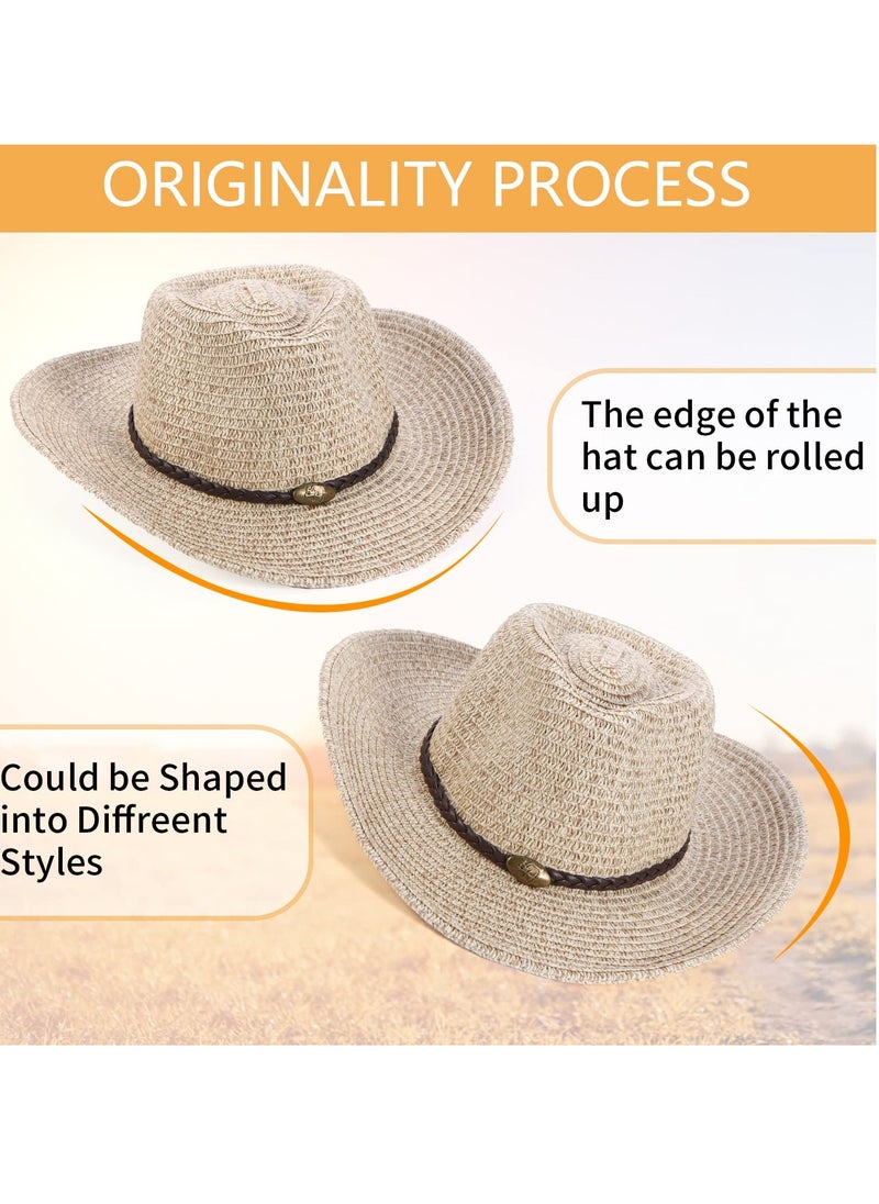 Cowboy Hat with String Foldable Summer Sun Protection Straw Beach Hats Wide Brim Adjustable Drawstring for Wedding Stage Performance Country