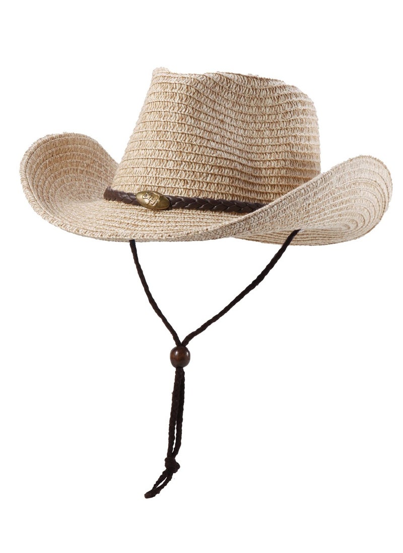 Cowboy Hat with String Foldable Summer Sun Protection Straw Beach Hats Wide Brim Adjustable Drawstring for Wedding Stage Performance Country