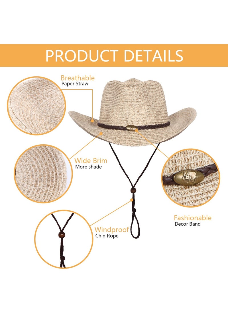 Cowboy Hat with String Foldable Summer Sun Protection Straw Beach Hats Wide Brim Adjustable Drawstring for Wedding Stage Performance Country