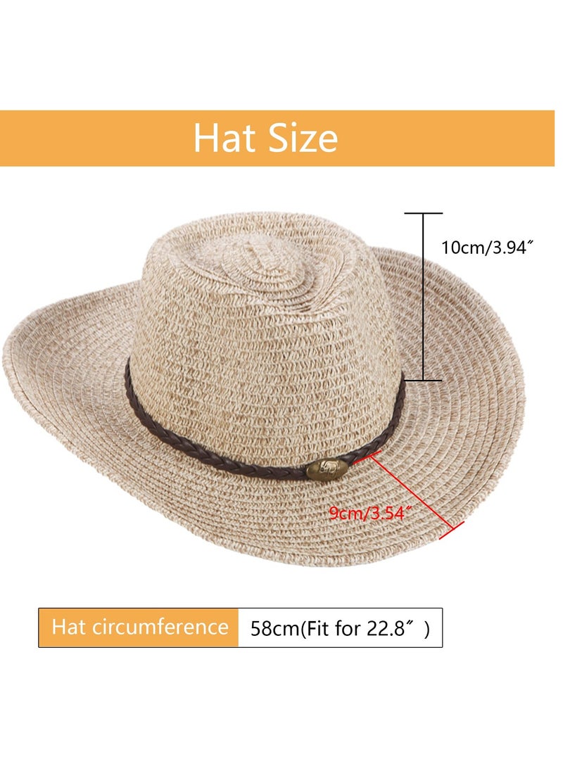 Cowboy Hat with String Foldable Summer Sun Protection Straw Beach Hats Wide Brim Adjustable Drawstring for Wedding Stage Performance Country