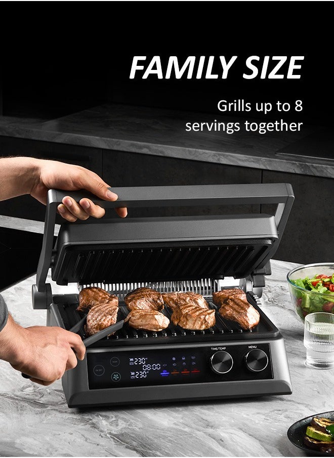 Press grill, 7 automatic programs, Thermometer probe, 180° Full Flat Grill,  4 levels of doneness, 29x25.5 cm detachable panels are dishwasher safe