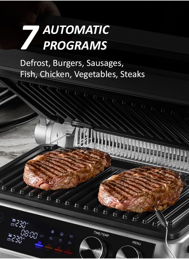 Press grill, 7 automatic programs, Thermometer probe, 180° Full Flat Grill,  4 levels of doneness, 29x25.5 cm detachable panels are dishwasher safe