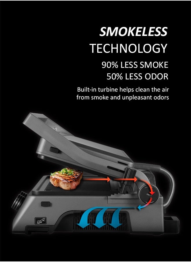 Press grill, 7 automatic programs, Thermometer probe, 180° Full Flat Grill,  4 levels of doneness, 29x25.5 cm detachable panels are dishwasher safe