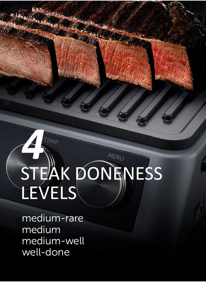 Press grill, 7 automatic programs, Thermometer probe, 180° Full Flat Grill,  4 levels of doneness, 29x25.5 cm detachable panels are dishwasher safe