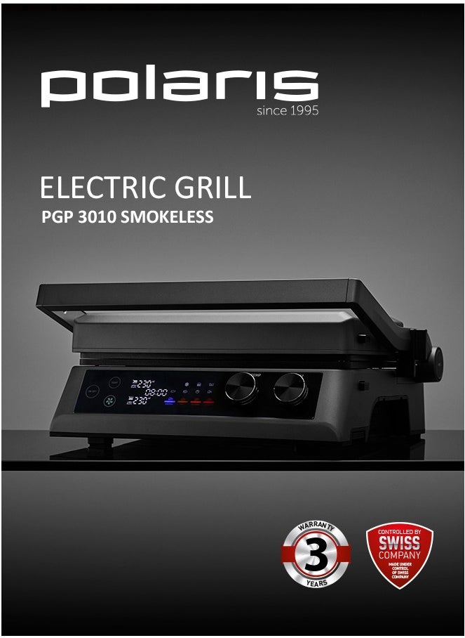 Press grill, 7 automatic programs, Thermometer probe, 180° Full Flat Grill,  4 levels of doneness, 29x25.5 cm detachable panels are dishwasher safe