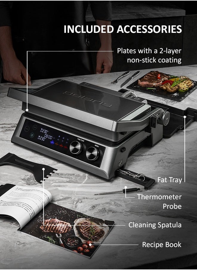 Press grill, 7 automatic programs, Thermometer probe, 180° Full Flat Grill,  4 levels of doneness, 29x25.5 cm detachable panels are dishwasher safe