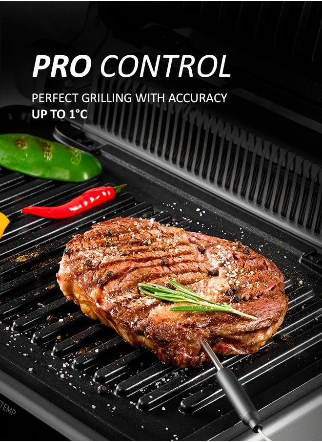 Press grill, 7 automatic programs, Thermometer probe, 180° Full Flat Grill,  4 levels of doneness, 29x25.5 cm detachable panels are dishwasher safe