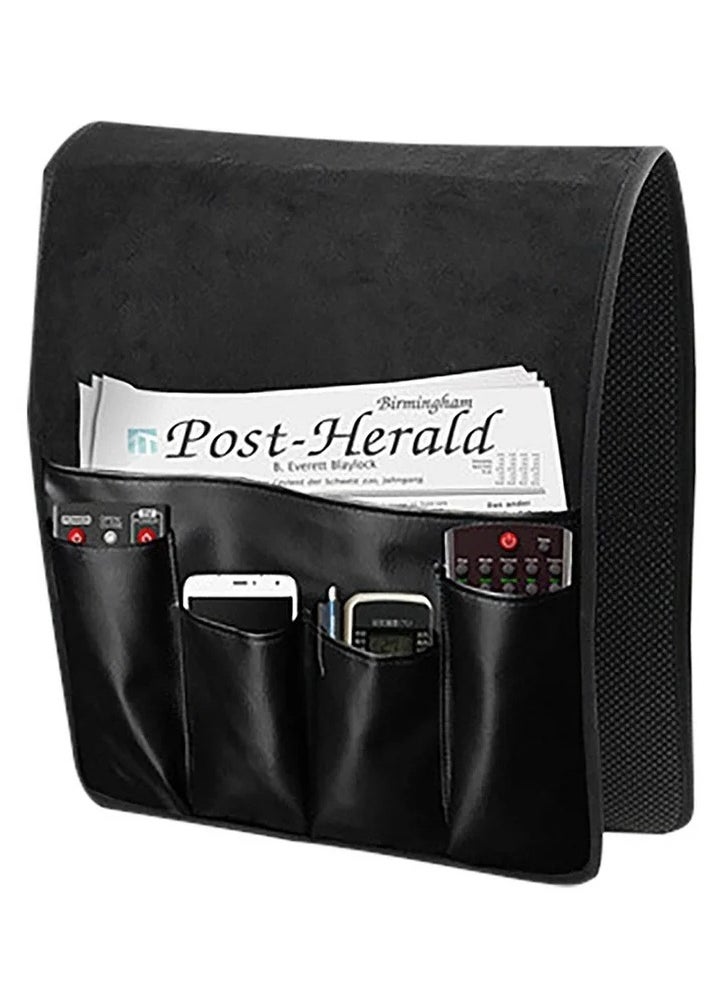 Leather Sofa Armrest Organizer, Non Slip Armchair Caddy for Couch Remote Control Holder with 5 Pockets for Phone, Book, Magazines, Tablet, Holder Recliner Couch Tidy Hanging Storage Bag Arm Chair