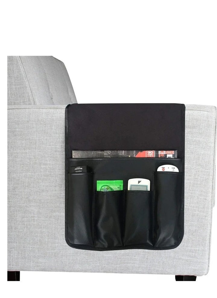 Leather Sofa Armrest Organizer, Non Slip Armchair Caddy for Couch Remote Control Holder with 5 Pockets for Phone, Book, Magazines, Tablet, Holder Recliner Couch Tidy Hanging Storage Bag Arm Chair